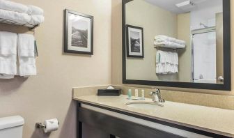 Guest bathroom with shower and free toiletries at Quality Inn & Suites Kingston.