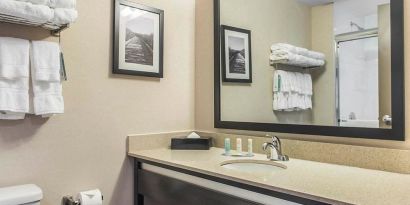 Guest bathroom with shower and free toiletries at Quality Inn & Suites Kingston.