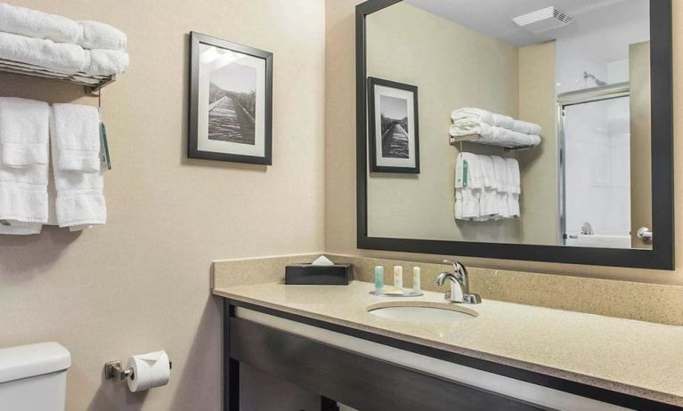 Guest bathroom with shower and free toiletries at Quality Inn & Suites Kingston.