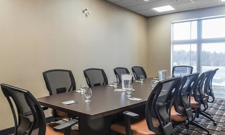 Professional meeting room with large windows and ergonomic chairs at Quality Inn & Suites Kingston.