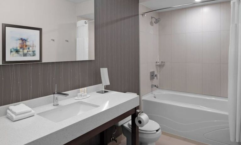 Private guest bathroom with tub and free toiletries at Courtyard By Marriott Edmonton Downtown.