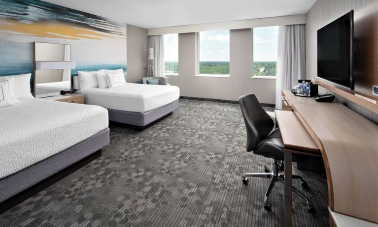 Bright and spacious day use twin room with TV, work desk and private bathroom at Courtyard By Marriott Edmonton Downtown.