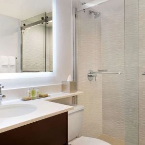 Private guest bathroom with shower and free toiletries at DoubleTree By Hilton Hotel Toronto Airport West.