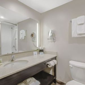 Private guest bathroom with shower and free toiletries at Days Inn & Suites By Wyndham Lindsay.