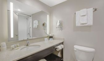 Private guest bathroom with shower and free toiletries at Days Inn & Suites By Wyndham Lindsay.