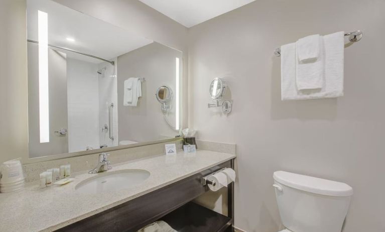 Private guest bathroom with shower and free toiletries at Days Inn & Suites By Wyndham Lindsay.