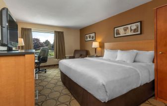 Day use room with TV, sofa, work desk and private bathroom at Comfort Inn Thetford Mines.