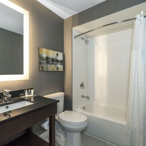 Guest bathroom with tub and free toiletries at Comfort Inn Simcoe.