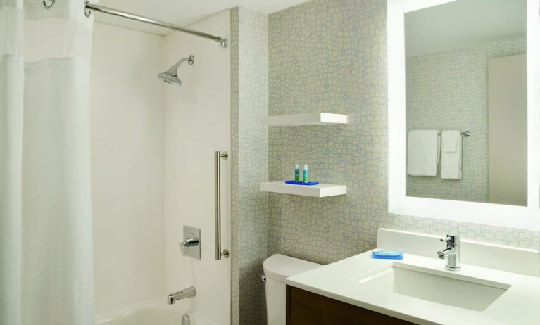 Private guest bathroom with shower and tub at Holiday Inn Express Toronto Downtown.