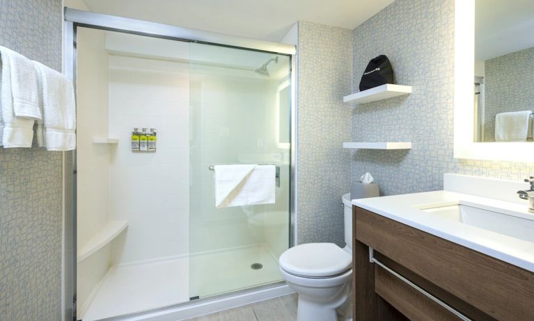 Guest bathroom with shower and free toiletries at Holiday Inn Express Toronto Downtown.