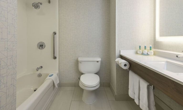 Guest bathroom with tub and shower at Holiday Inn Express & Suites North Bay.