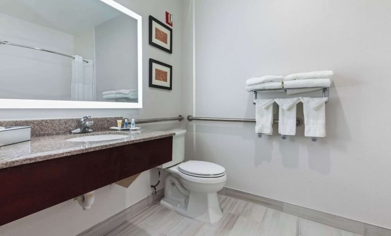 Guest bathroom with shower at Comfort Suites Lombard - Addison.