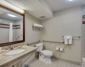 Guest bathroom with shower and tub at Radisson Hotel Salt Lake City Airport.