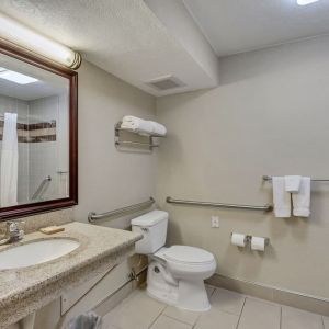 Guest bathroom with shower and tub at Radisson Hotel Salt Lake City Airport.