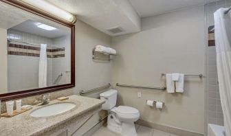 Guest bathroom with shower and tub at Radisson Hotel Salt Lake City Airport.