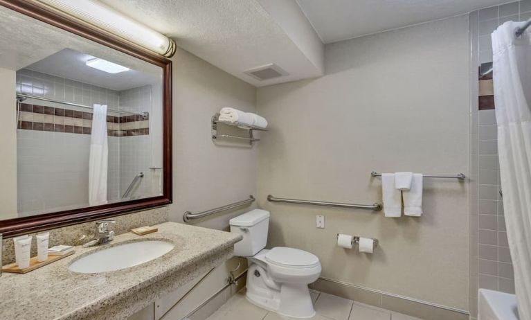 Guest bathroom with shower and tub at Radisson Hotel Salt Lake City Airport.