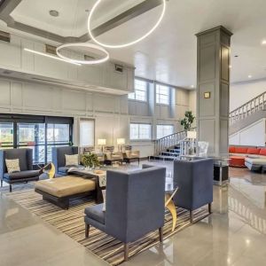 Lobby and coworking lounge at Radisson Hotel Salt Lake City Airport.