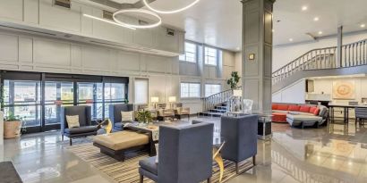 Lobby and coworking lounge at Radisson Hotel Salt Lake City Airport.