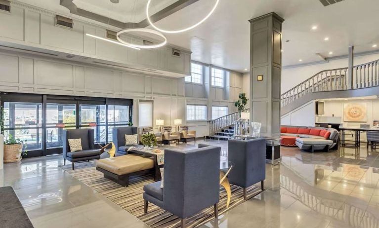 Lobby and coworking lounge at Radisson Hotel Salt Lake City Airport.