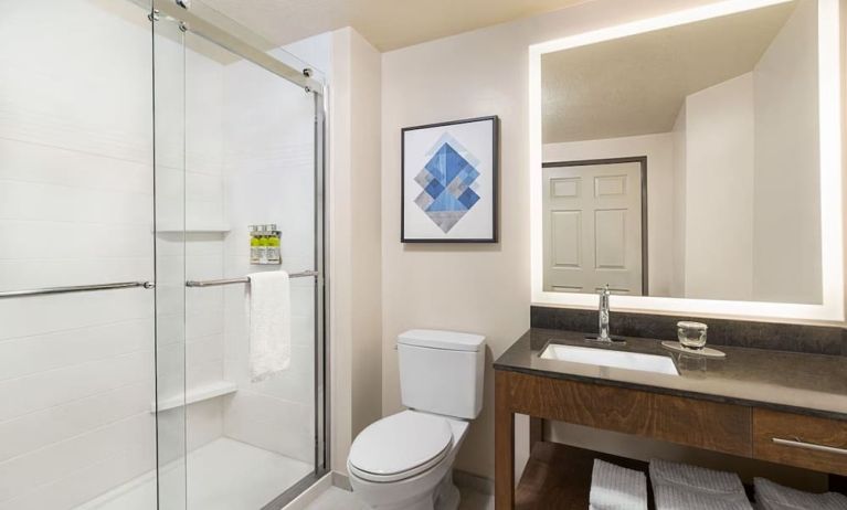 Guest bathroom with shower at Candlewood Suites Meridian.