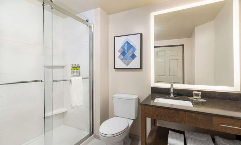 Guest bathroom with shower at Candlewood Suites Boise.