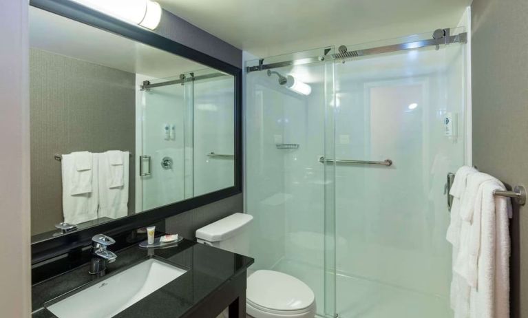 Guest bathroom with shower at Comfort Inn Corner Brook.