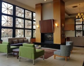 Lobby and coworking lounge at Holiday Inn Express Rolling Meadows-Schaumburg.