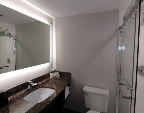 Guest bathroom with shower at Holiday Inn Express Rolling Meadows-Schaumburg.