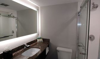 Guest bathroom with shower at Holiday Inn Express Rolling Meadows-Schaumburg.