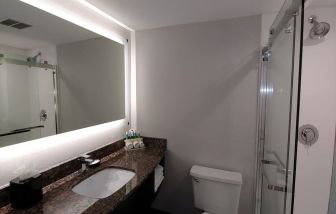 Guest bathroom with shower at Holiday Inn Express Rolling Meadows-Schaumburg.