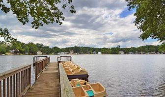 Paddle boats in lake at Sturbridge Host Hotel.