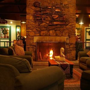 Lobby and coworking lounge at Sturbridge Host Hotel.