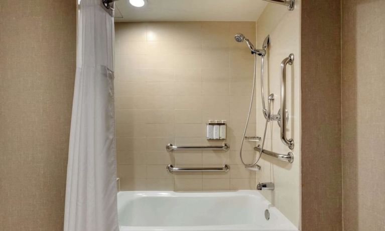 Guest bathroom with shower and tub at Cambria Suites Denver Airport.