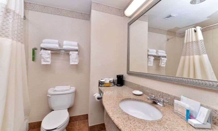 Guest bathroom with shower at Hampton Inn Deer Park.