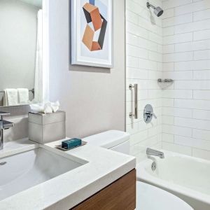 Guest bathroom with shower and tub at DoubleTree By Hilton Westborough.