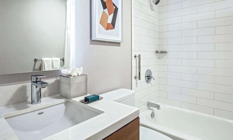 Guest bathroom with shower and tub at DoubleTree By Hilton Westborough.