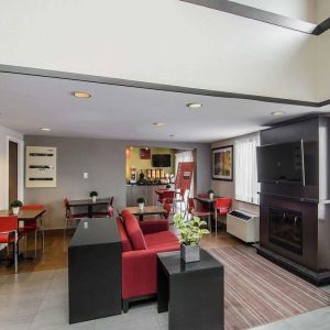 Lobby lounge with TV screen and fireplace at Comfort Inn Prince Albert.