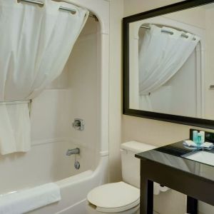 Guest bathroom with tub and free toiletries at Comfort Inn Prince Albert.