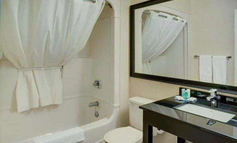 Guest bathroom with tub and free toiletries at Comfort Inn Prince Albert.