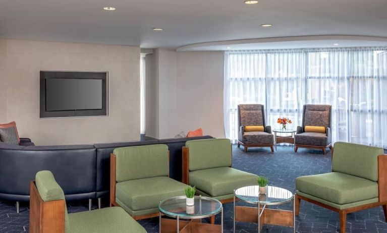 Lobby and coworking lounge at Courtyard Boston Marlborough.