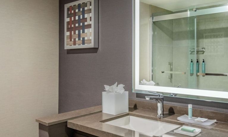 Guest bathroom with shower at Courtyard Boston Marlborough.