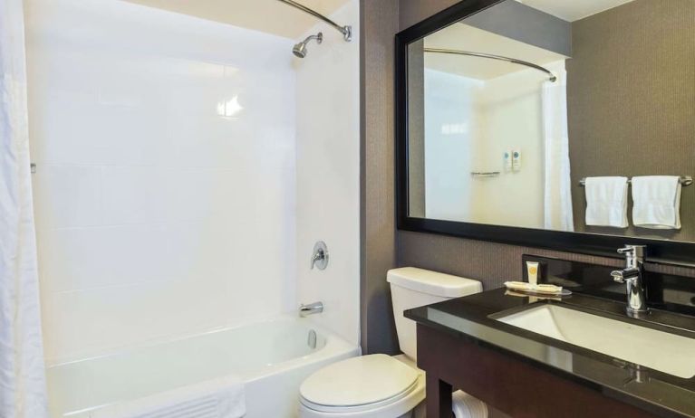 Guesth bathroom with tub and shower at Comfort Inn Kingston HWY 401.
