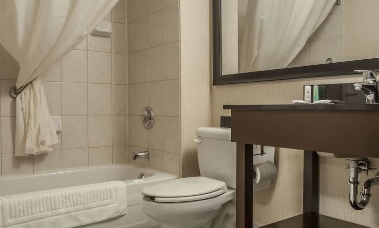 Guest bathroom with tub and free toiletries at Comfort Inn Edmundston.