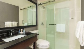 Guest bathroom with shower and free toiletries at Comfort Inn Hamilton.