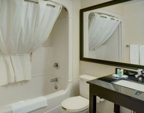 Guest bathroom with tub and free toiletries at Comfort Inn Alma.