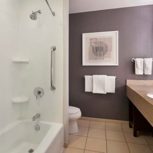 Guest bathroom with combined shower and tub at Courtyard By Marriott Waterloo St. Jacobs.