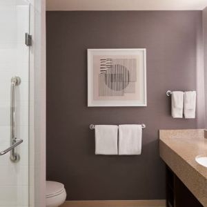 Guest bathroom with shower and free toiletries at Courtyard By Marriott Waterloo St. Jacobs.