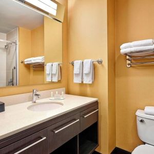 Guest bathroom with shower and free toiletries at TownePlace Suites By Marriott London.