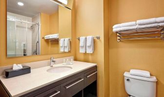 Guest bathroom with shower and free toiletries at TownePlace Suites By Marriott London.