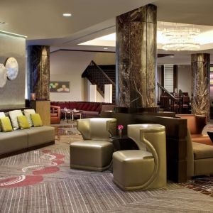 Lobby and coworking lounge at Hyatt Regency Boston.